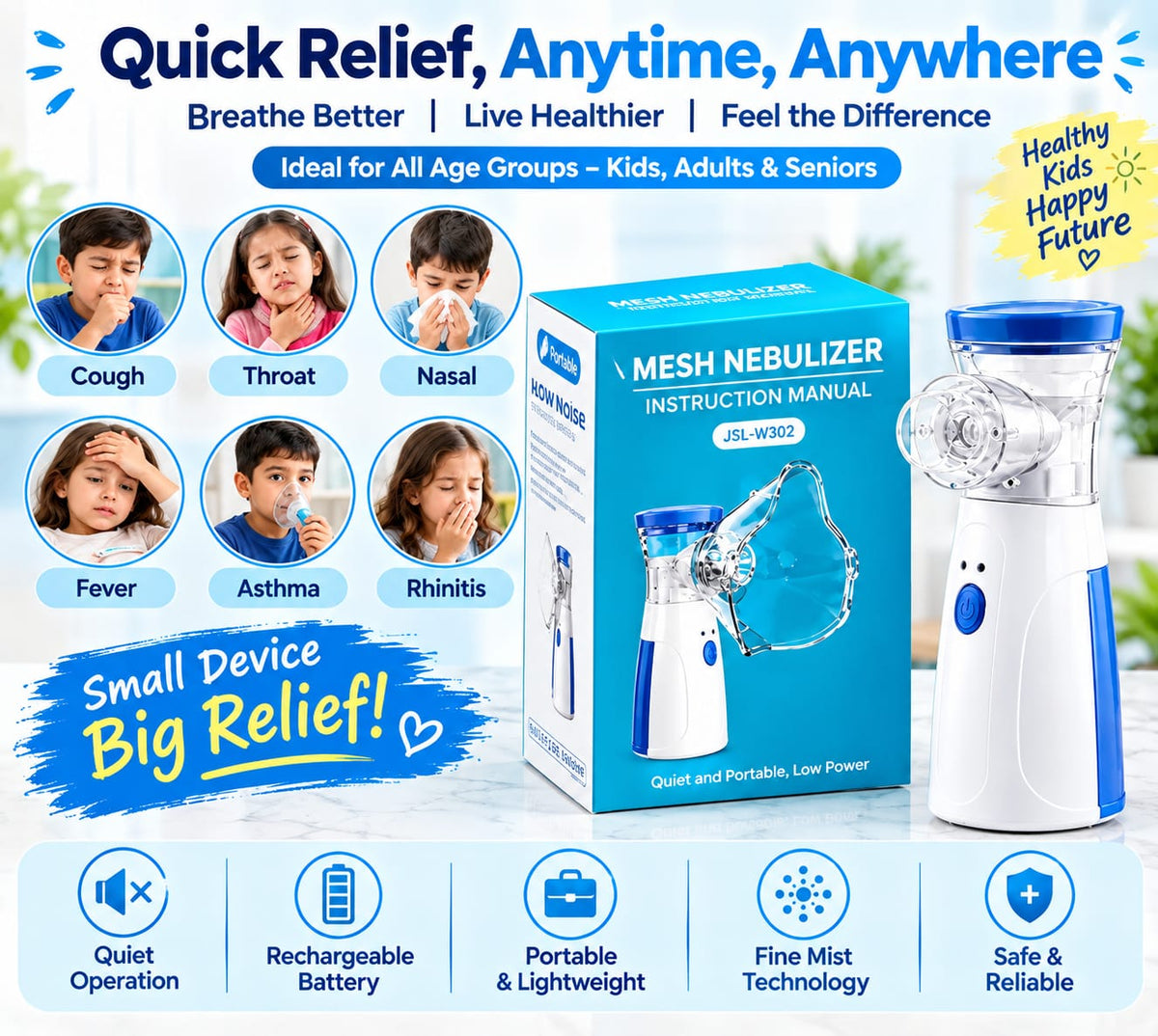 Handheld Portable Mesh Nebulizer – Silent One-Touch Operation, Fast Nebulization & Compact Travel-Friendly Inhaler for Kids & Adults