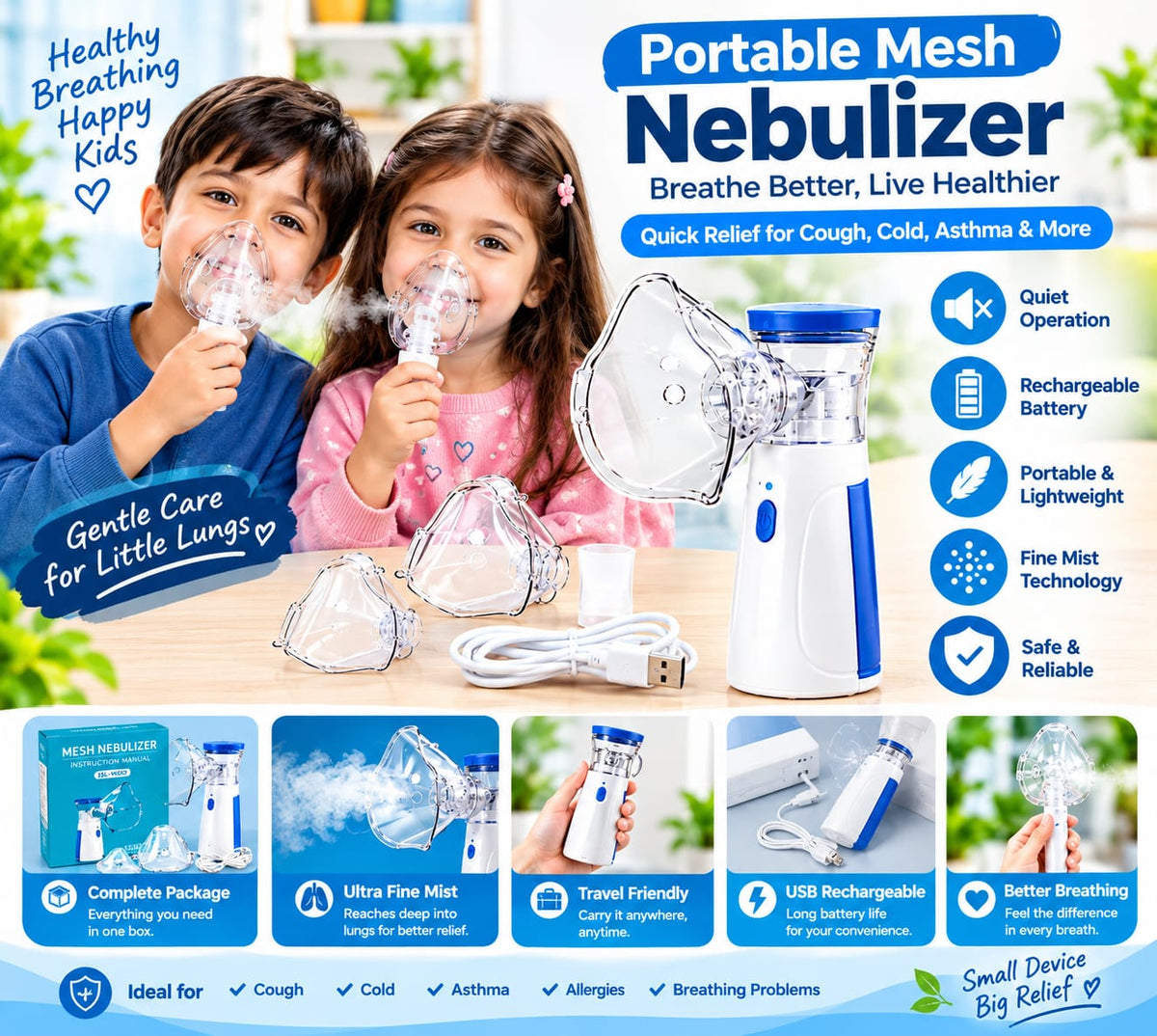 Handheld Portable Mesh Nebulizer – Silent One-Touch Operation, Fast Nebulization & Compact Travel-Friendly Inhaler for Kids & Adults