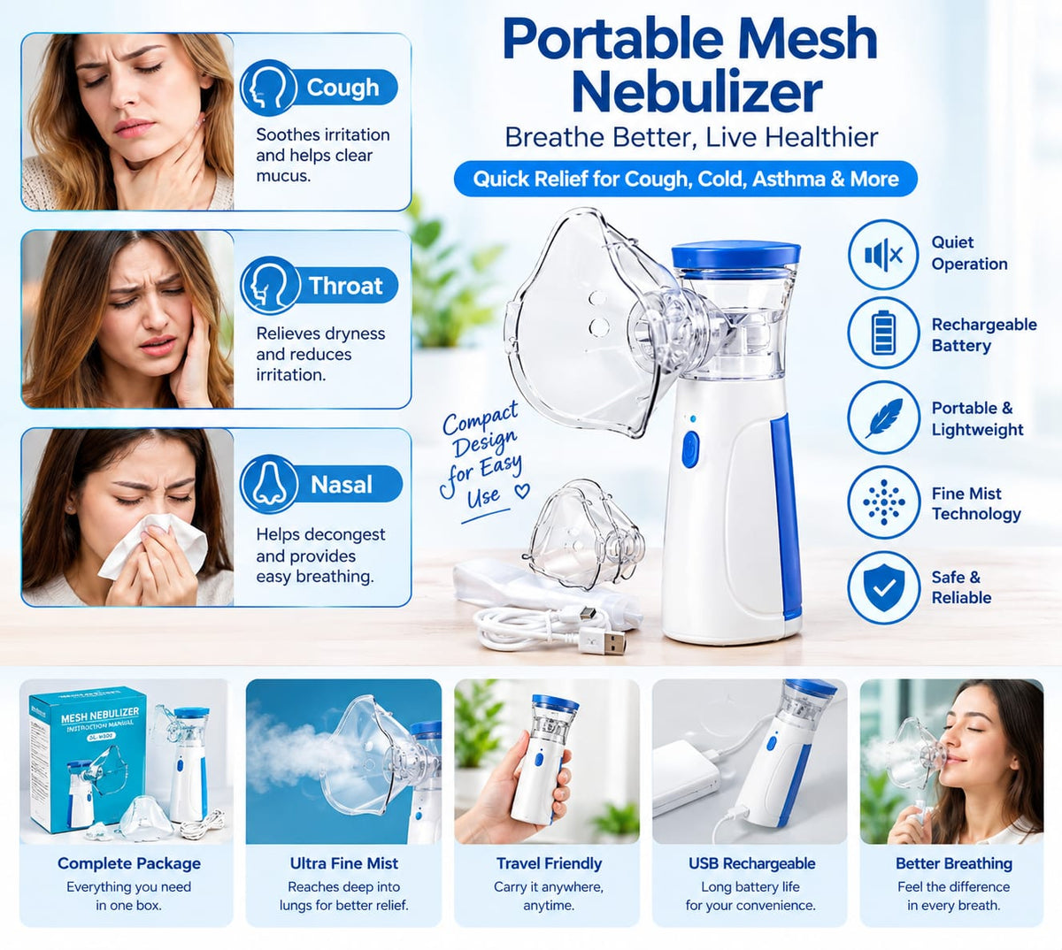 Handheld Portable Mesh Nebulizer – Silent One-Touch Operation, Fast Nebulization & Compact Travel-Friendly Inhaler for Kids & Adults