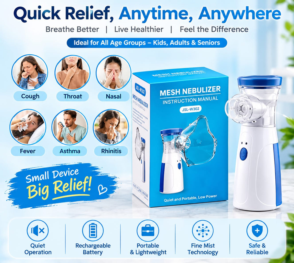 Handheld Portable Mesh Nebulizer – Silent One-Touch Operation, Fast Nebulization & Compact Travel-Friendly Inhaler for Kids & Adults